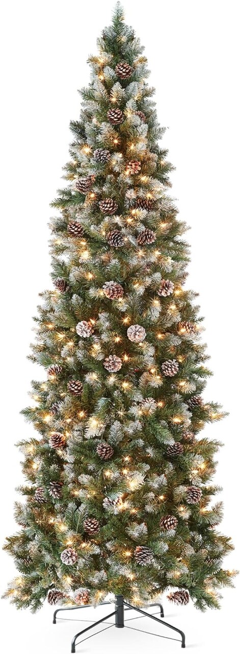 Pencil Christmas Tree Slim Frosted Tree with 250 Lights & Foldable Stand for Space Saving Holiday Decor